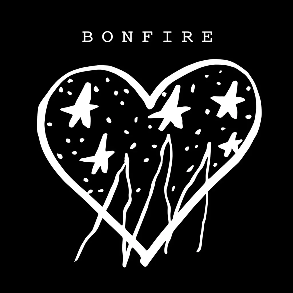 Bonfire's Big Night Out logo consisting of a hand drawn heart with stars inside and flames coming up from below in white on a black background.