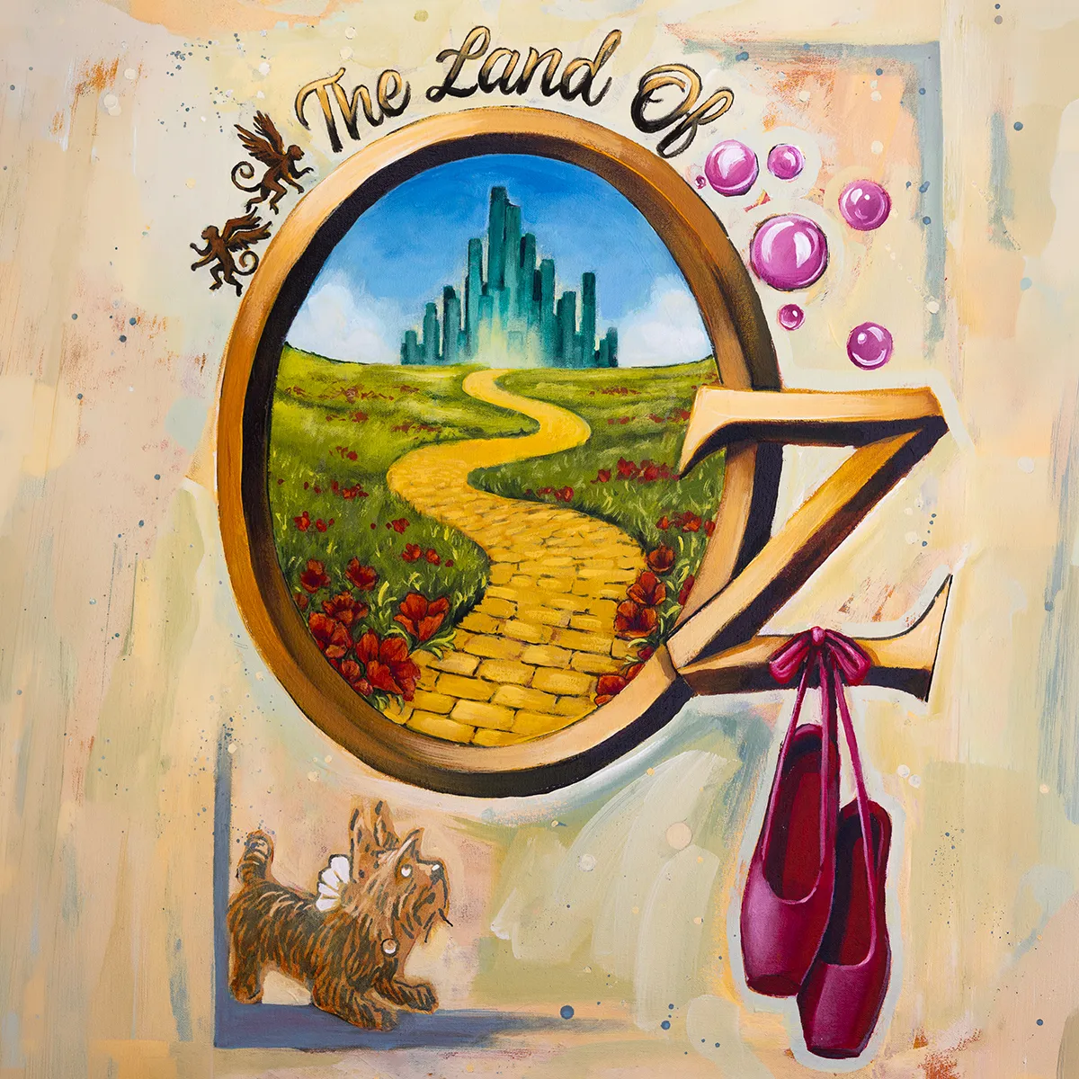 Hand-painted artwork for The Land of Oz ballet production with a view of The Yellow Brick Road leading to The Emerald City, Toto and ruby red ballet shoes.