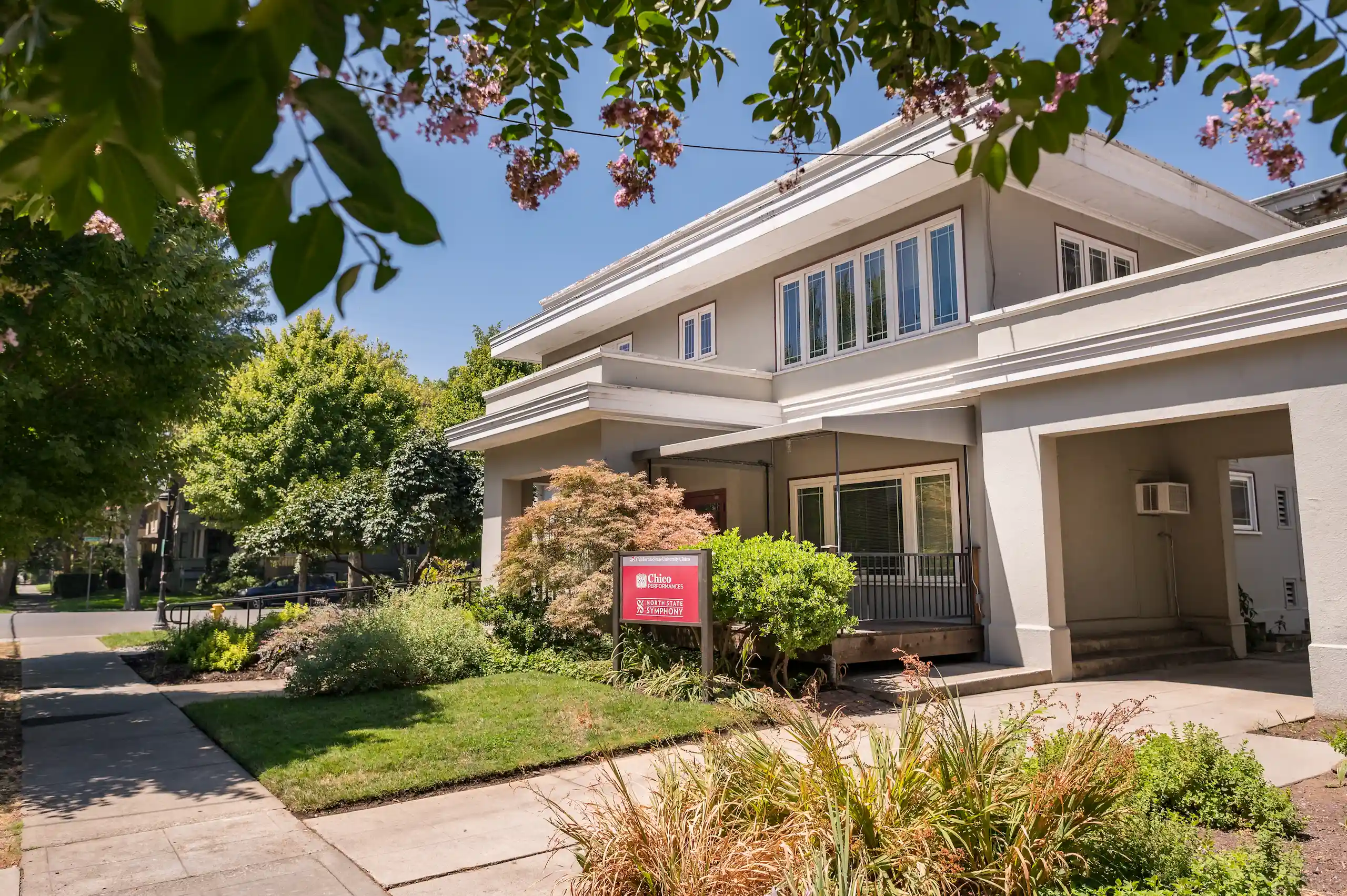 Photo in exterior of Sierra Hall on a sunny day. This building houses the University Box office and University Public Engagement.